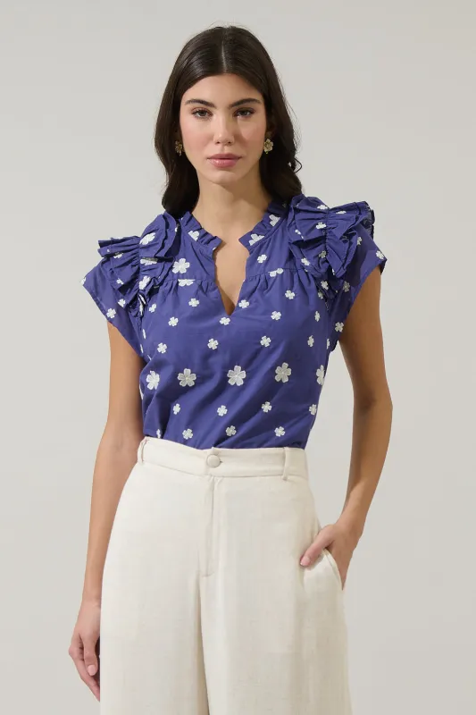 Gilla Embroidered Ramona Ruffle Split Neck Top sold by Sugarlips