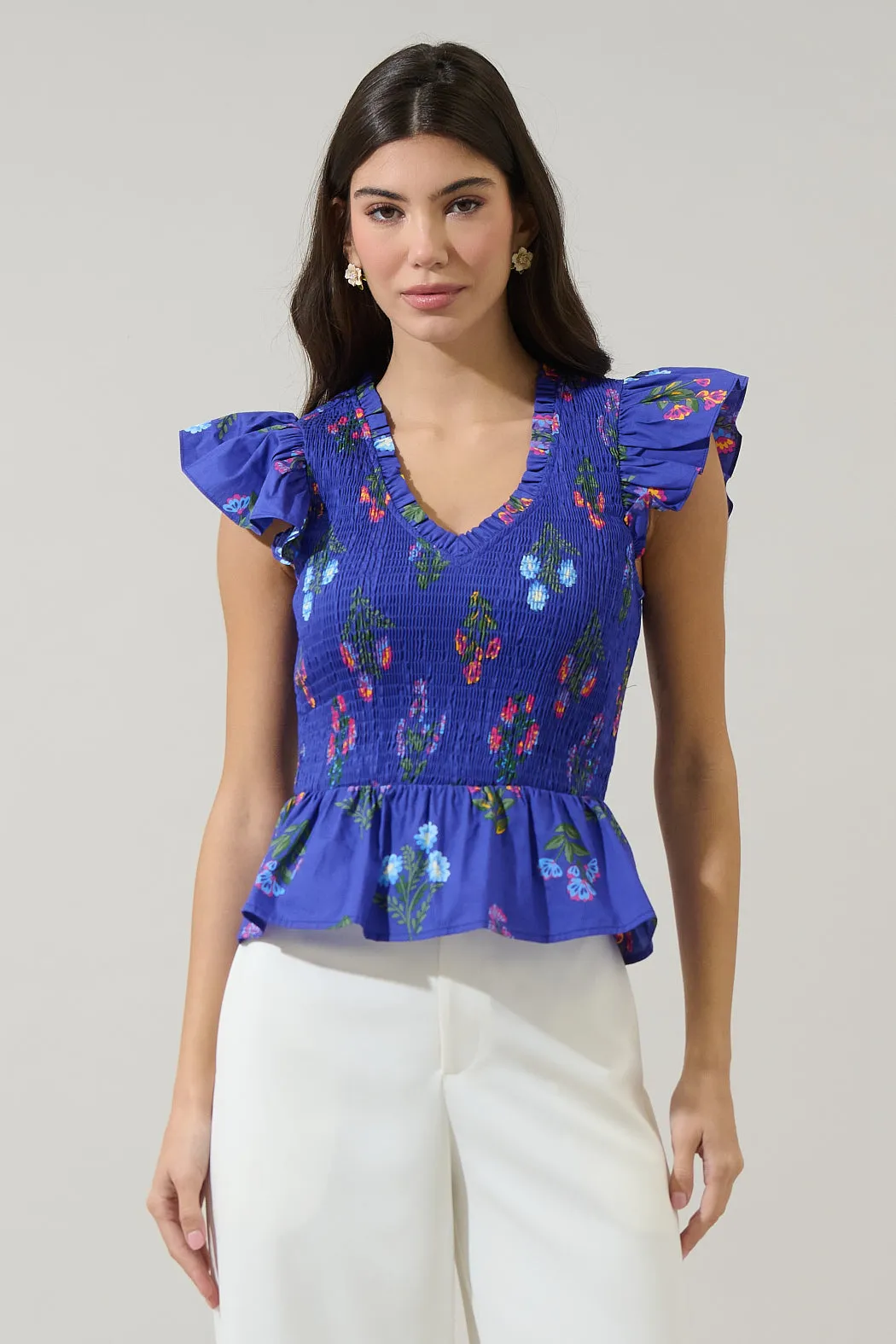 Clemen Floral Brish Smocked Ruffle Top sold by Sugarlips