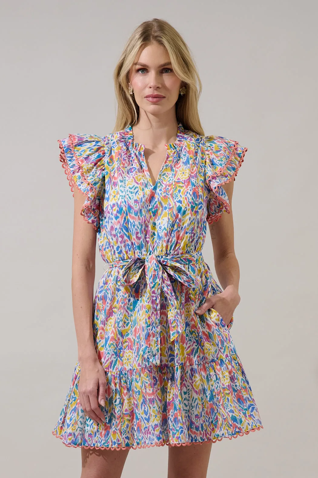 Malva Abstract Eriny Ruffle Mini Dress sold by Sugarlips