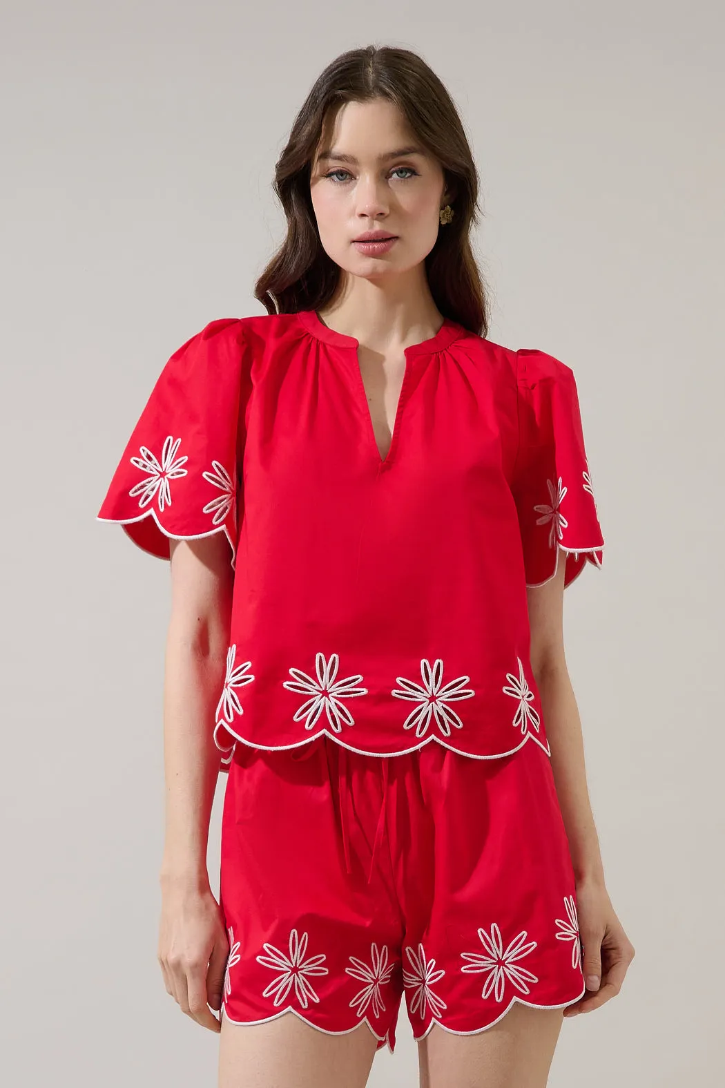 Dayna Embroidered Scallop Split Neck Top sold by Sugarlips
