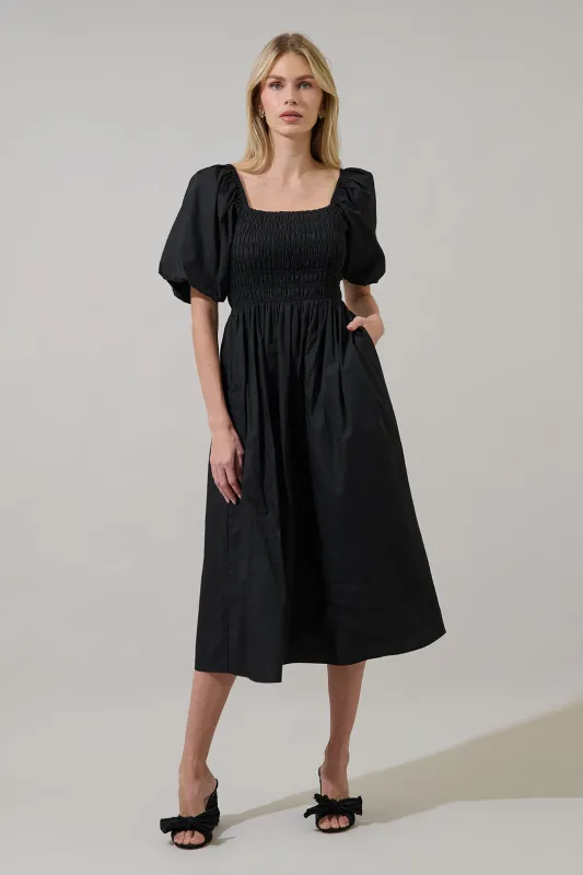 Sonia Bubble Sleeve Smocked Midi Dress sold by Sugarlips
