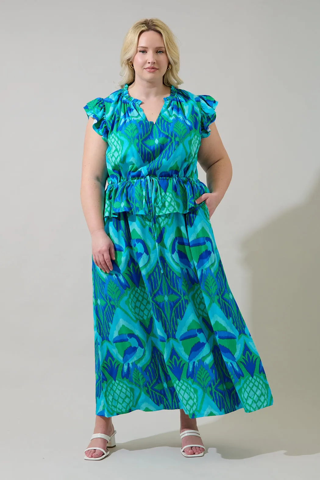 Blissy Tropical Astra Ruffle Maxi Dress Curve sold by Sugarlips