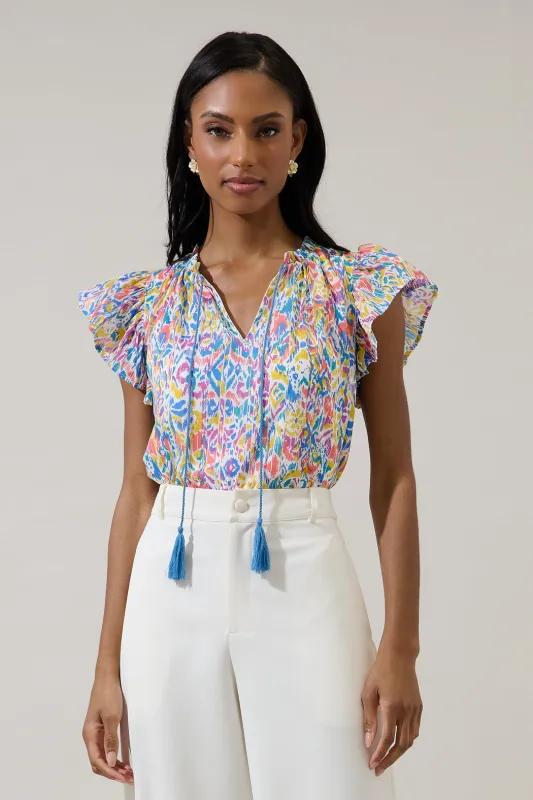 Malva Abstract Deniza Split Neck Ruffle Top sold by Sugarlips