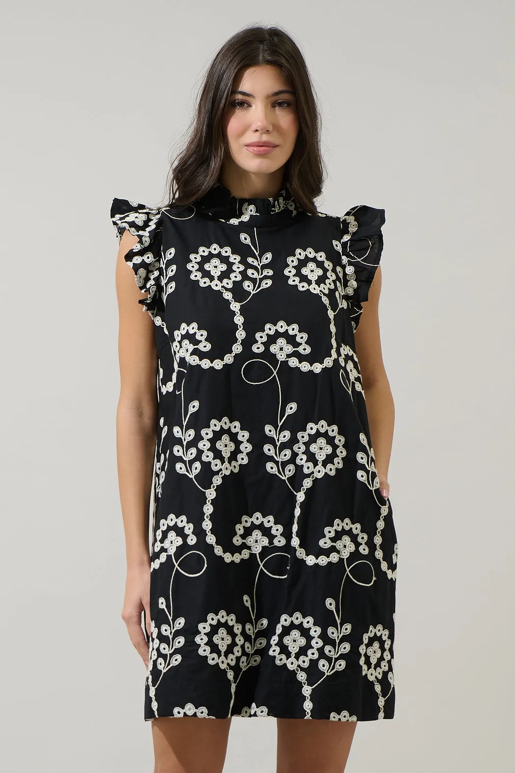 Rindy Eyelet Ruffle Mock Neck Mini Dress sold by Sugarlips