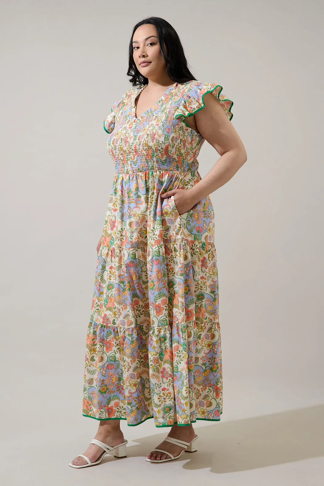 Zamara Floral Smocked Bodice Tiered Midi Dress Curve sold by Sugarlips product image thumbnail 3