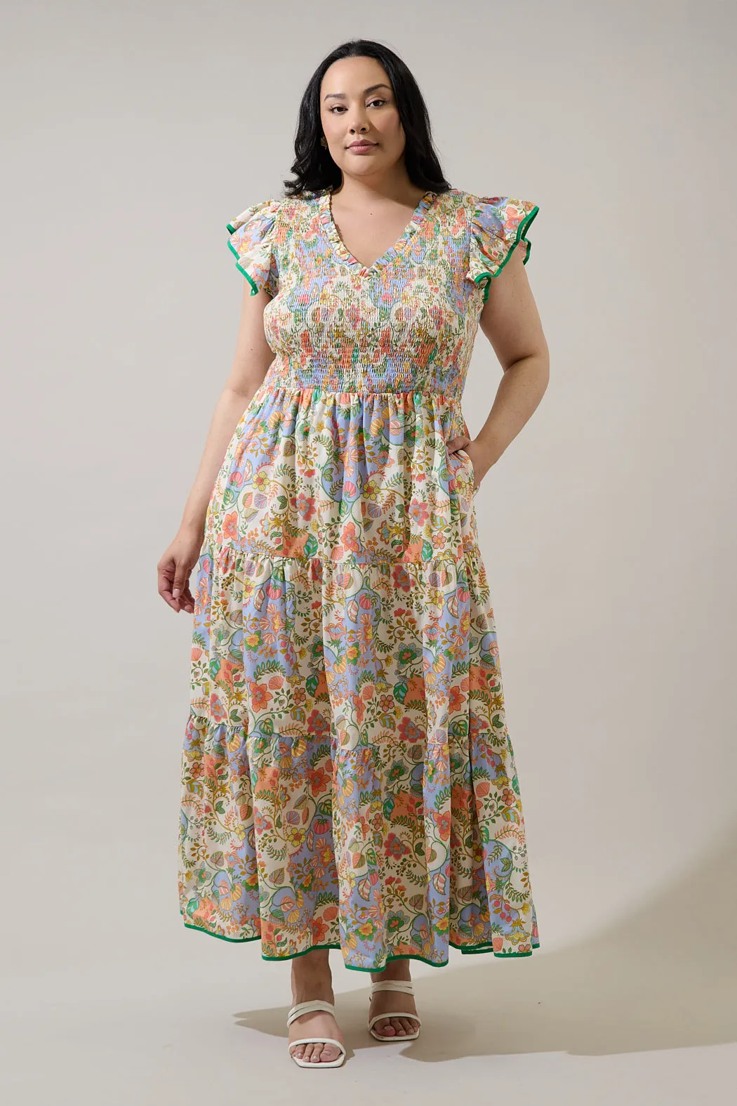 Zamara Floral Smocked Bodice Tiered Midi Dress Curve sold by Sugarlips