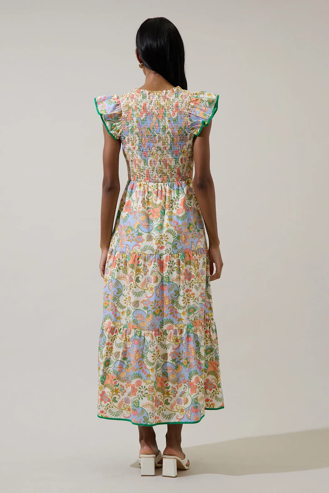 Zamara Floral Smocked Bodice Tiered Midi Dress sold by Sugarlips product image thumbnail 2
