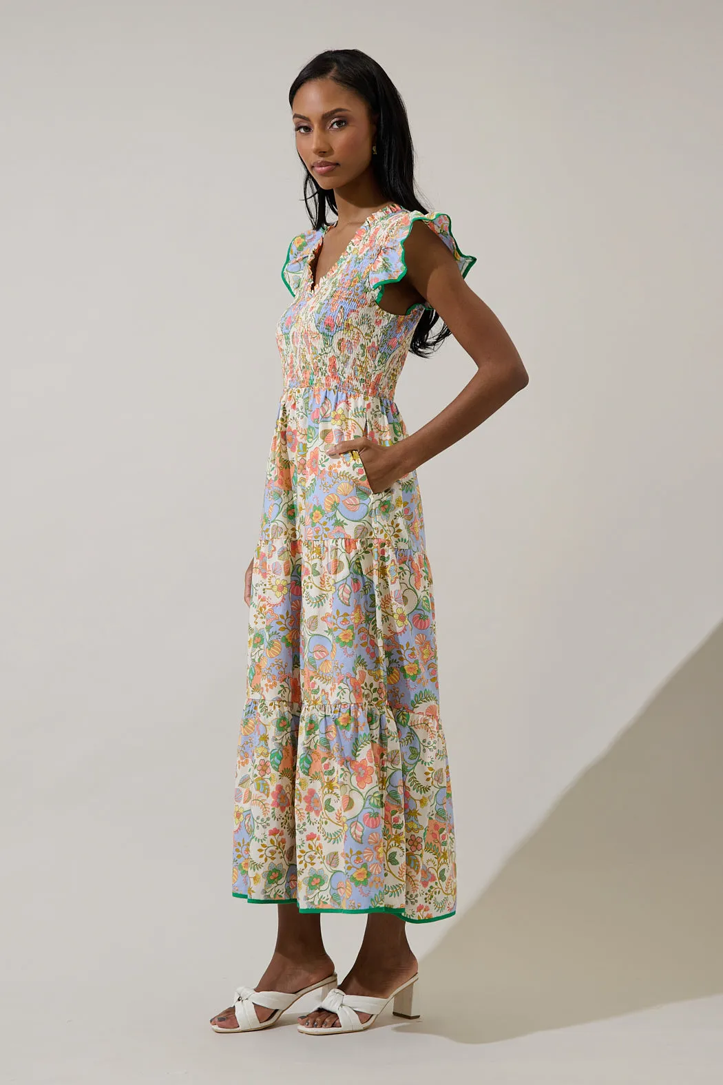 Zamara Floral Smocked Bodice Tiered Midi Dress sold by Sugarlips product image thumbnail 3