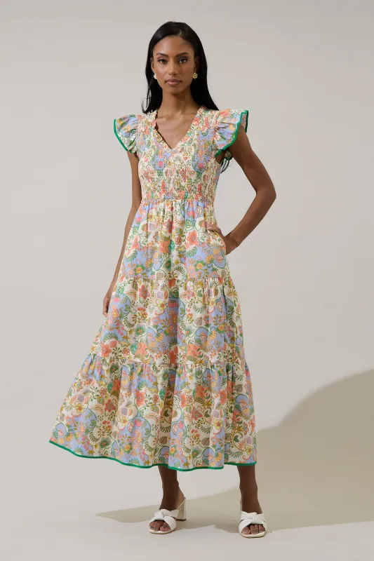 Zamara Floral Smocked Bodice Tiered Midi Dress sold by Sugarlips