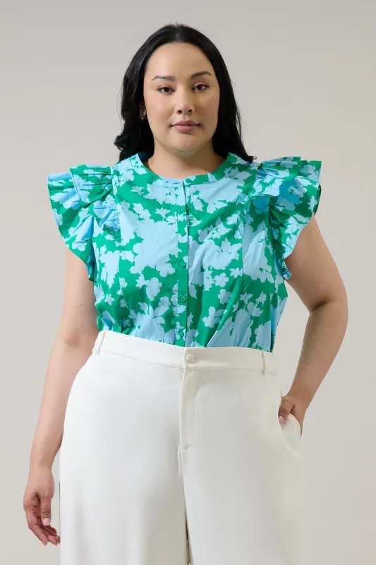 Riona Floral Sammi Button Down Ruffle Top Curve sold by Sugarlips