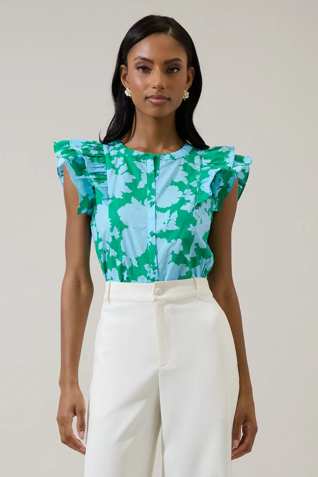 Riona Floral Sammi Button Down Ruffle Top sold by Sugarlips