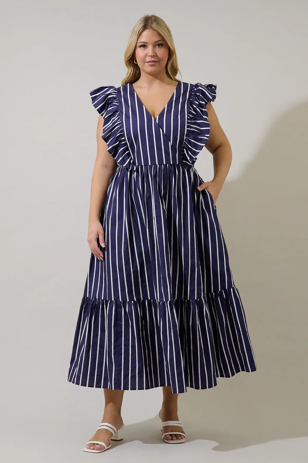 Fairness Poplin Surplice Midi Dress Verta Stripe Curve sold by Sugarlips