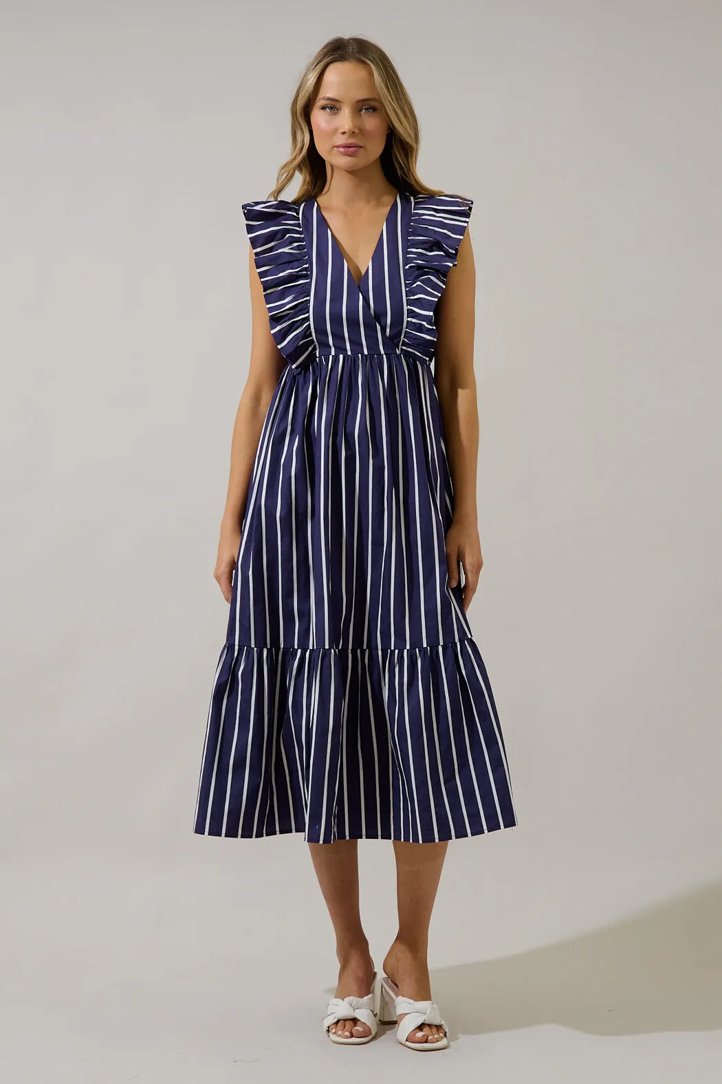 Fairness Poplin Surplice Midi Dress Verta Stripe sold by Sugarlips