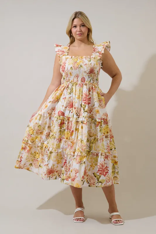 Emy Smocked Midi Dress Zury Floral Curve sold by Sugarlips