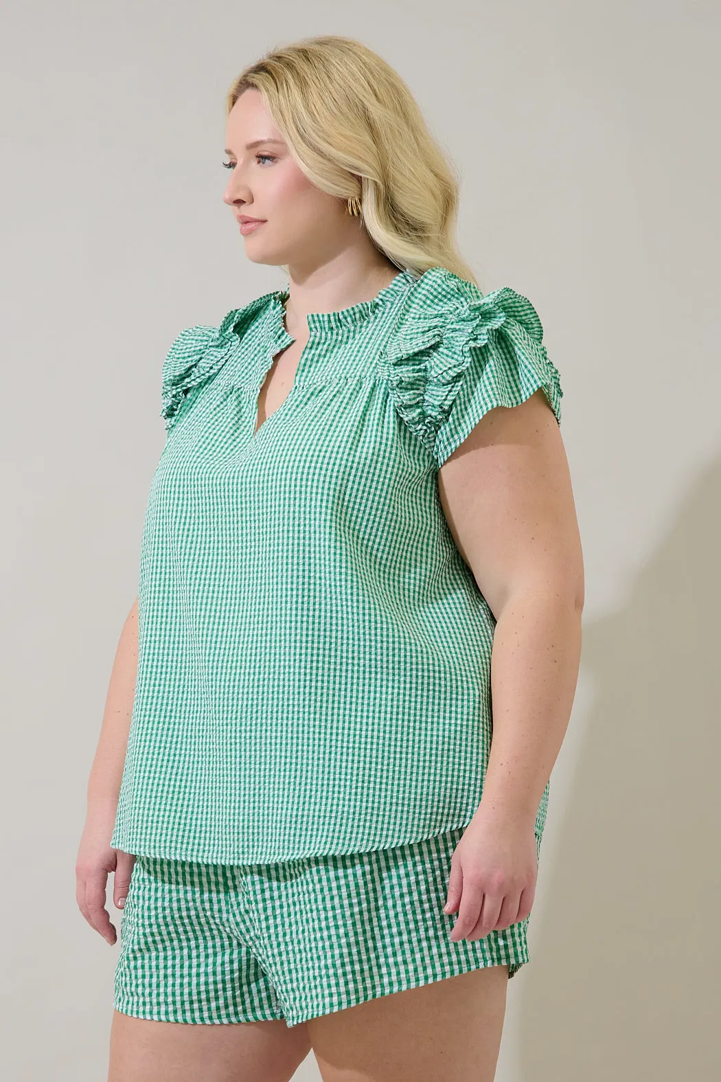 Tamara Gingham Ramona Ruffle Split Neck Top Curve sold by Sugarlips product image thumbnail 3