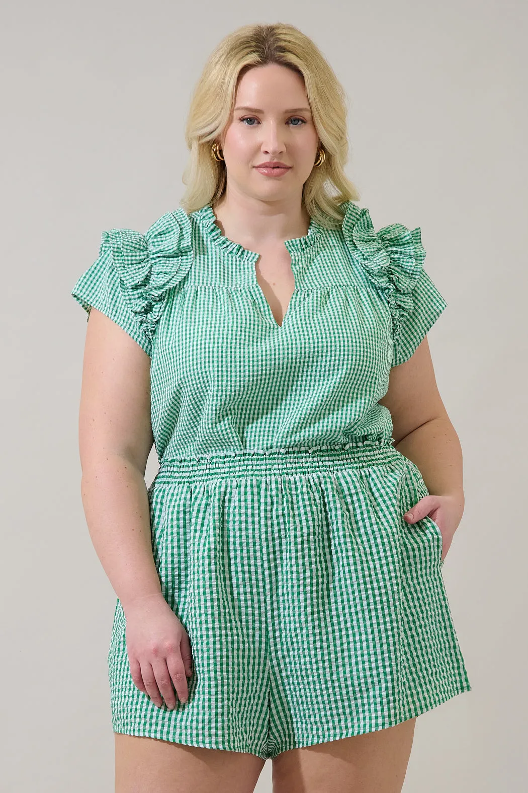 Tamara Gingham Ramona Ruffle Split Neck Top Curve sold by Sugarlips