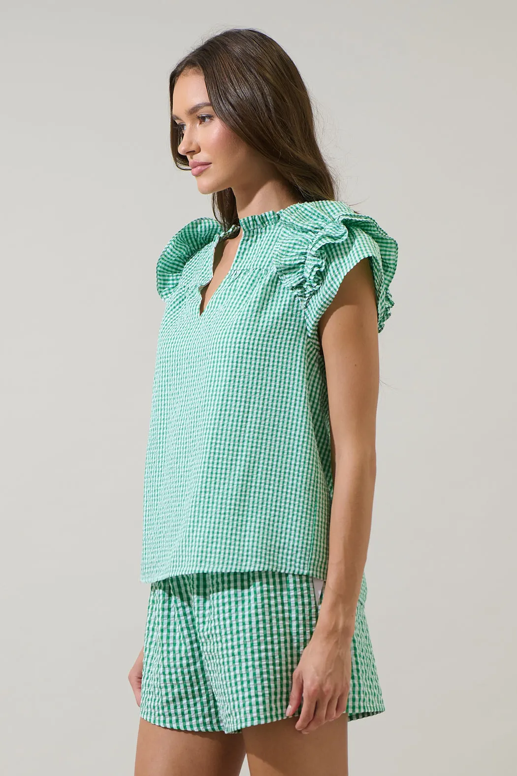 Tamara Gingham Ramona Ruffle Split Neck Top sold by Sugarlips product image thumbnail 3