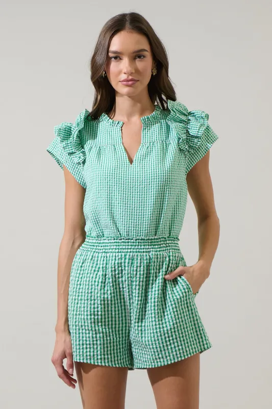 Tamara Gingham Ramona Ruffle Split Neck Top sold by Sugarlips