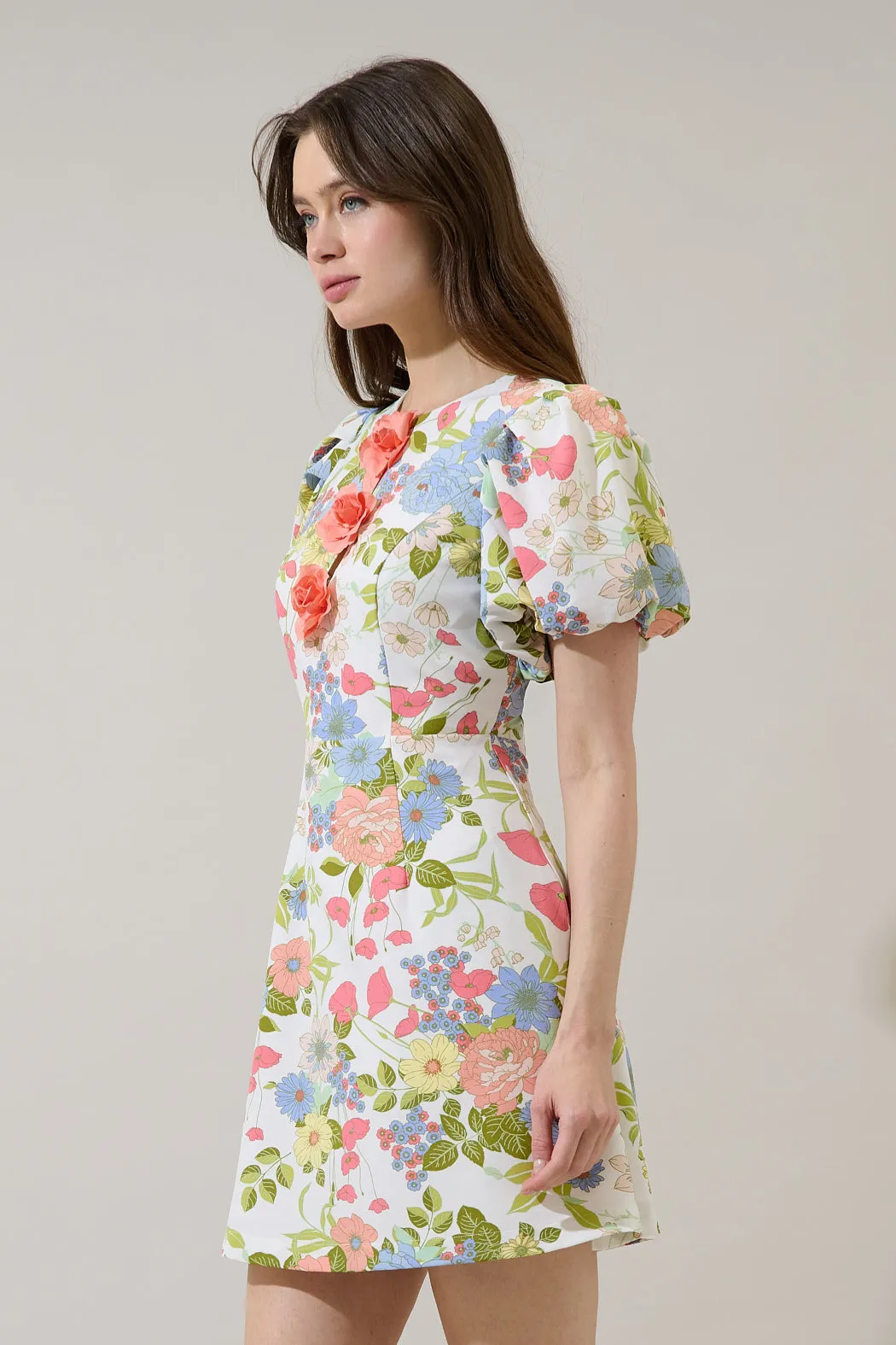 Rosette Bubble Sleeve Mini Dress Esther Floral sold by Sugarlips product image thumbnail 3