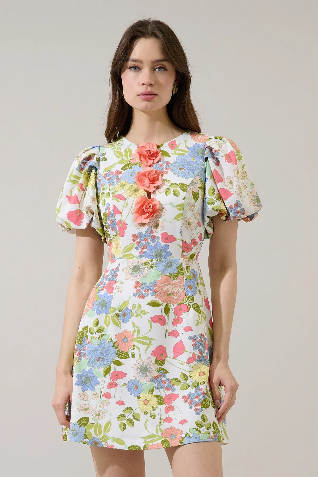 Rosette Bubble Sleeve Mini Dress Esther Floral sold by Sugarlips