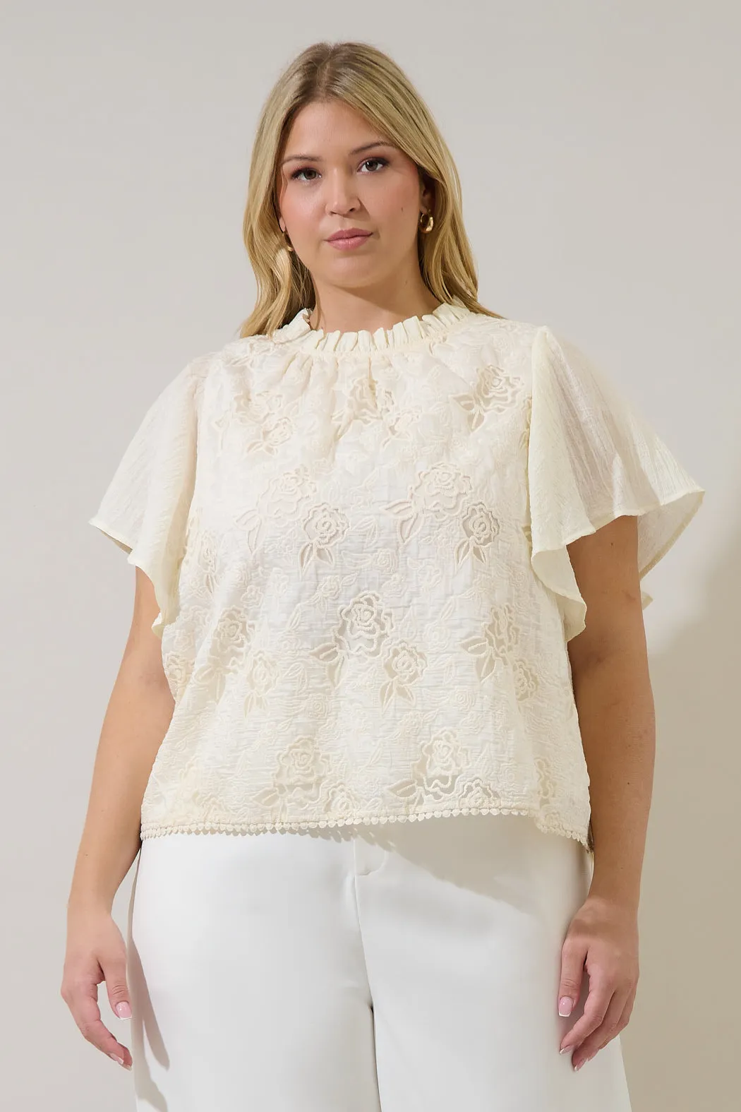 Gretal Embroidered Flutter Sleeve Top Curve sold by Sugarlips