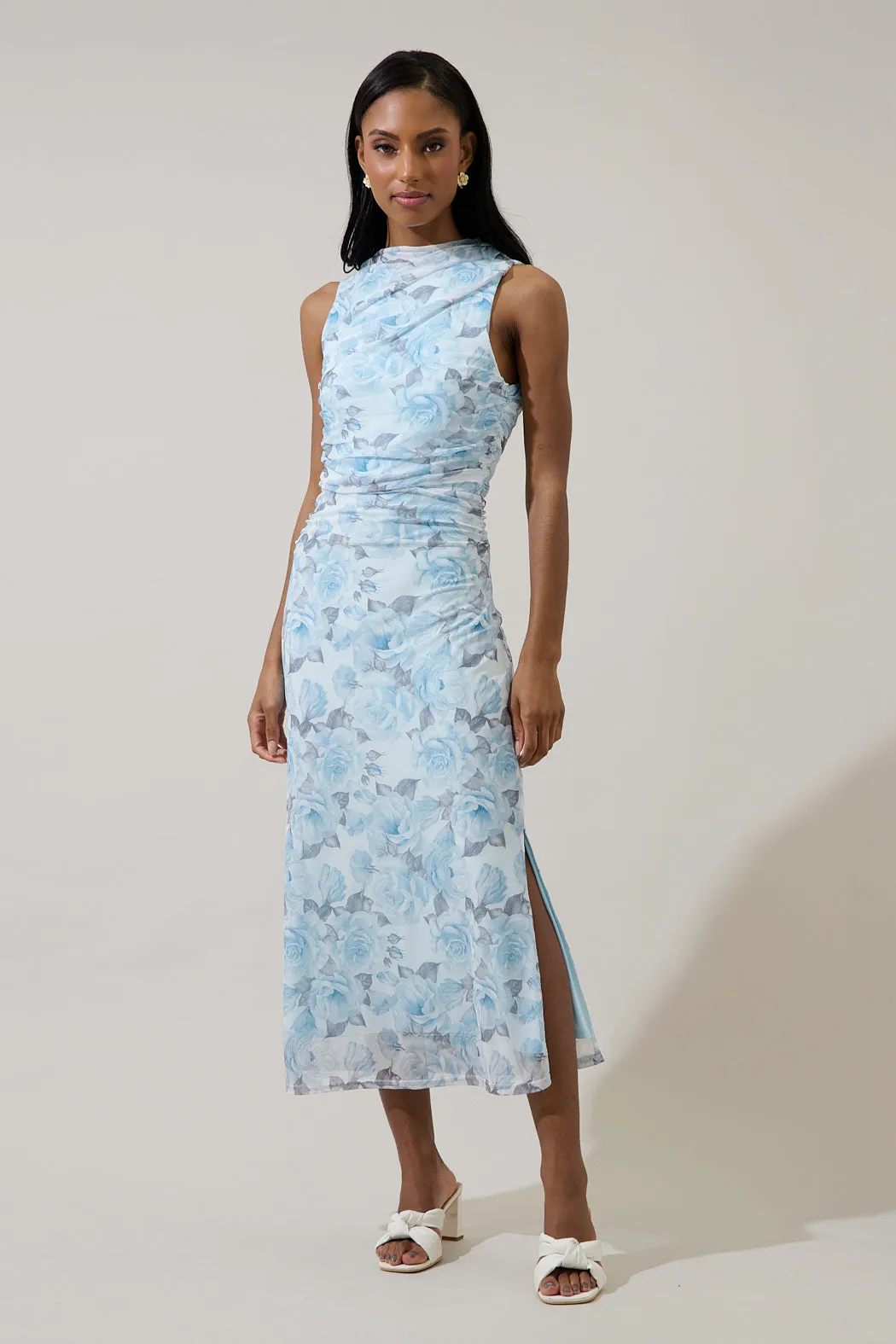 Glacier Floral Ruched Midi Dress sold by Sugarlips