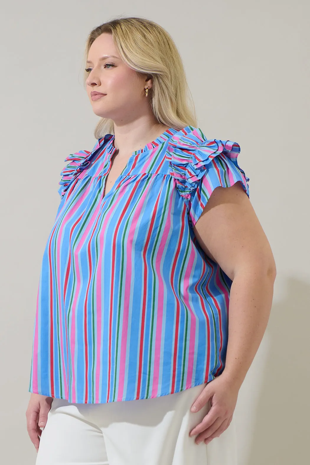 Jaimie Stripes Ramona Ruffle Split Neck Top Curve sold by Sugarlips product image thumbnail 3