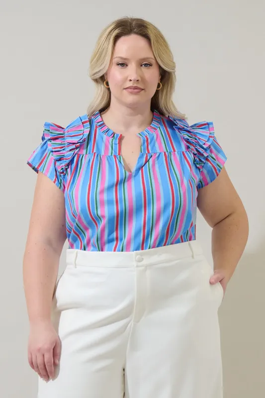 Jaimie Stripes Ramona Ruffle Split Neck Top Curve sold by Sugarlips