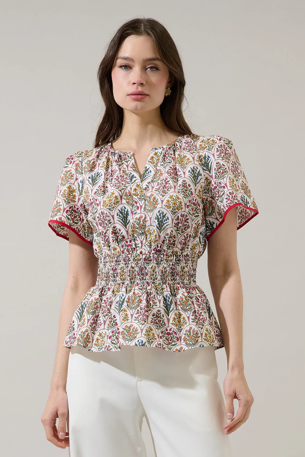 Sarina Smocked Peplum Top Kathy Floral sold by Sugarlips