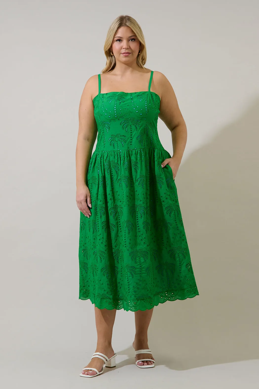 Selry Smocked Midi Dress Palms Eyelet Curve sold by Sugarlips