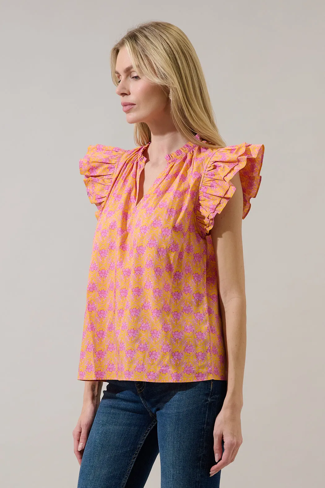 Risette Ruffle Split Neck Top Drift Floral sold by Sugarlips product image thumbnail 3