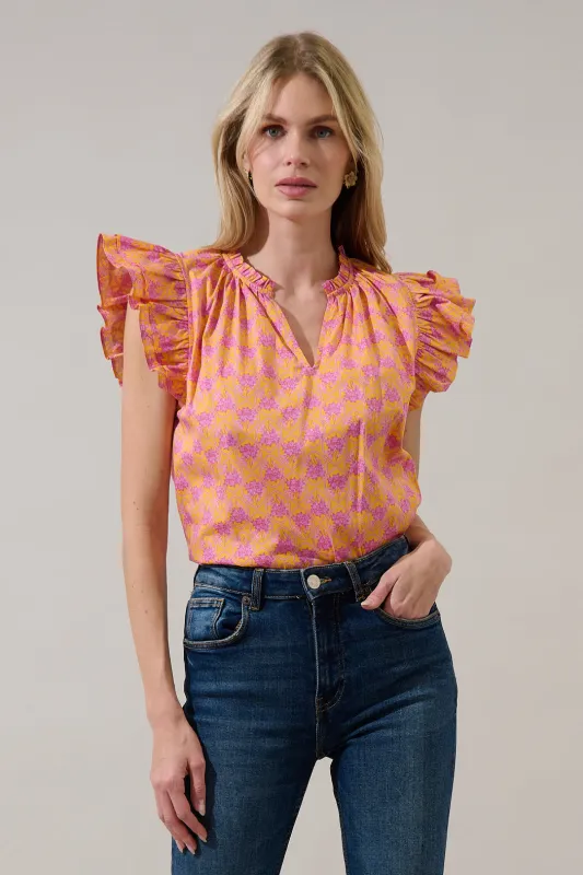 Risette Ruffle Split Neck Top Drift Floral sold by Sugarlips