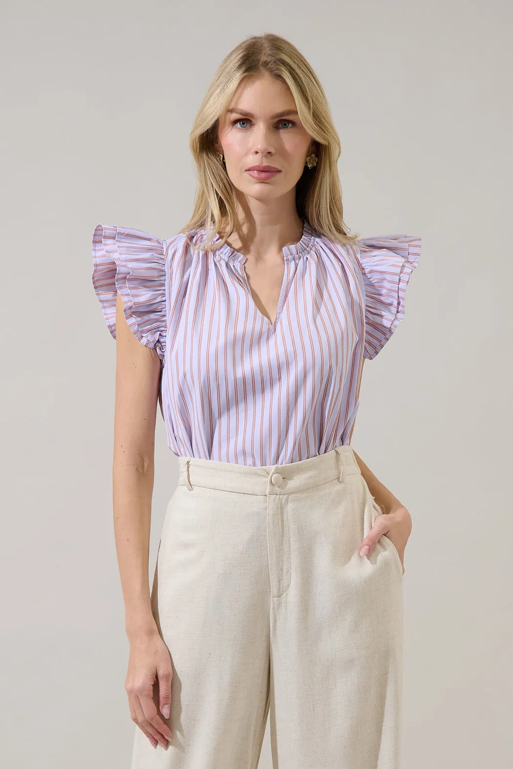 Risette Ruffle Split Neck Top Marvia Stripe sold by Sugarlips