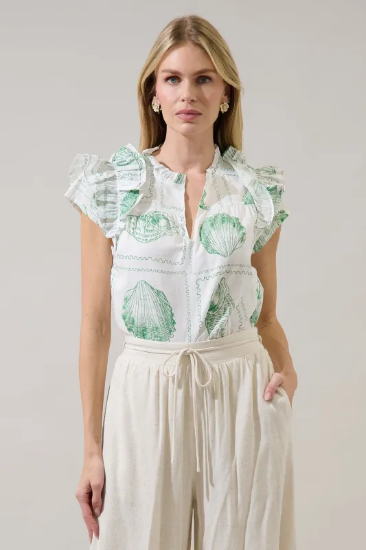 Ramona Ruffle Split Neck Top Seashell Bay made by Sugarlips