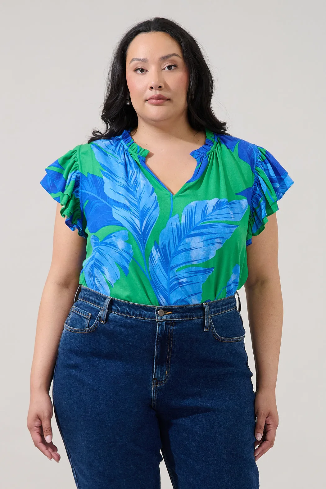 Risette Ruffle Split Neck Top Gresia Tropical Curve sold by Sugarlips