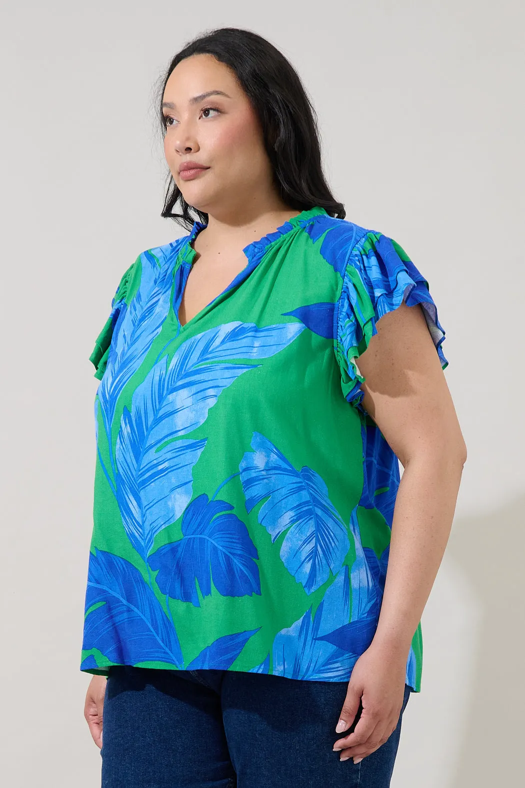 Risette Ruffle Split Neck Top Gresia Tropical Curve sold by Sugarlips product image thumbnail 3
