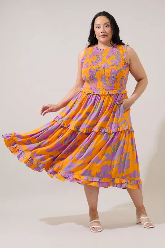 Kathia Smocked Midi Dress Floral Curve made by Sugarlips