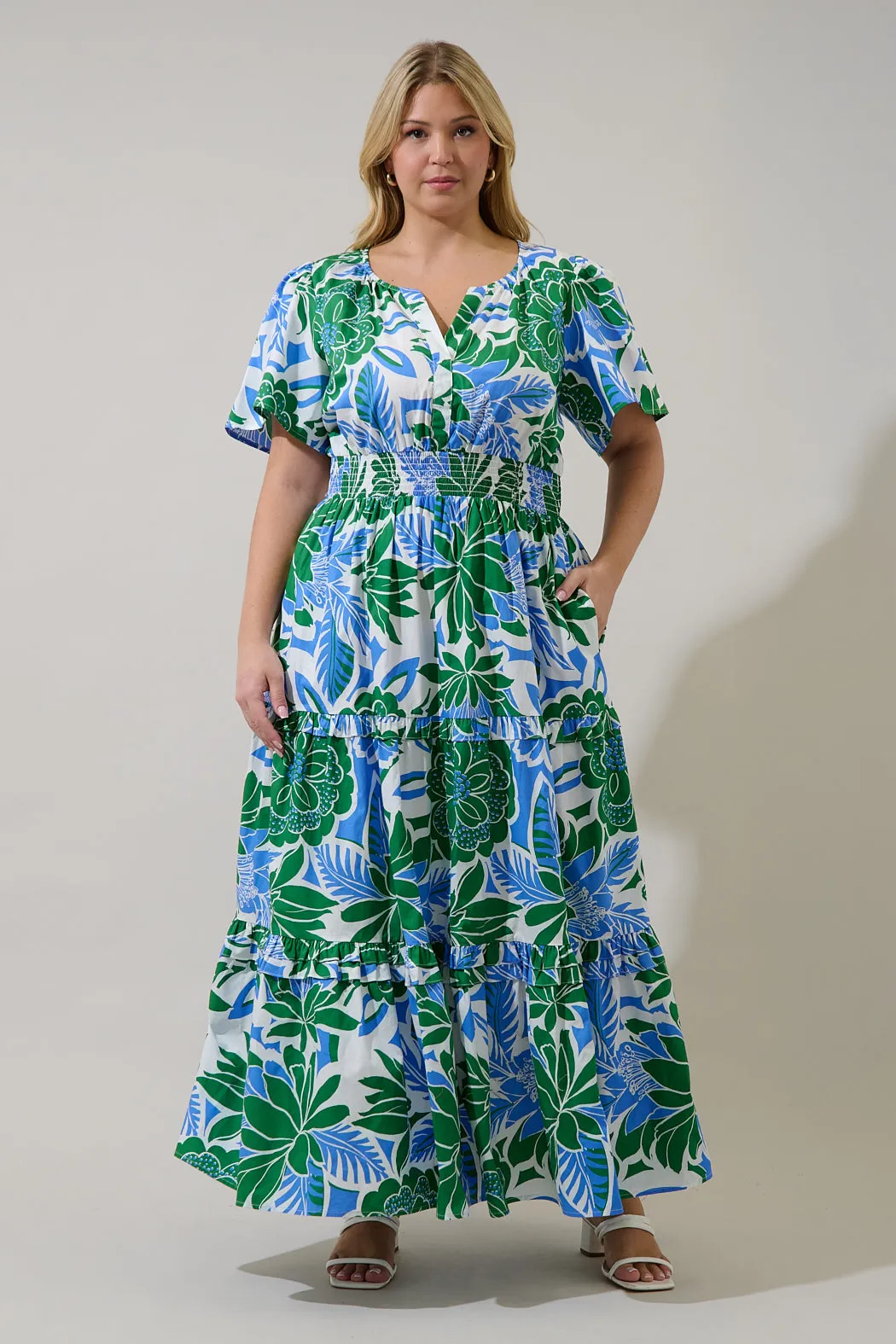 Palmer Poplin Tiered Maxi Dress Diviny Tropical Curve sold by Sugarlips