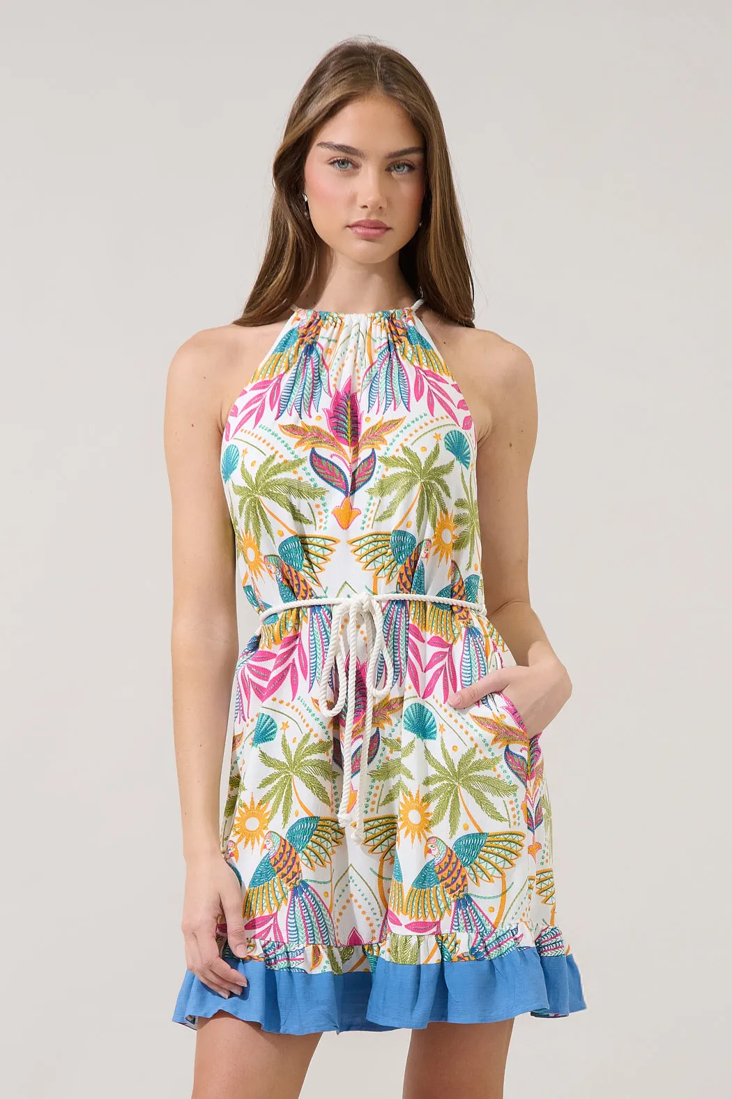 Malena Halter Ruffle Mini Dress Tropical sold by Sugarlips