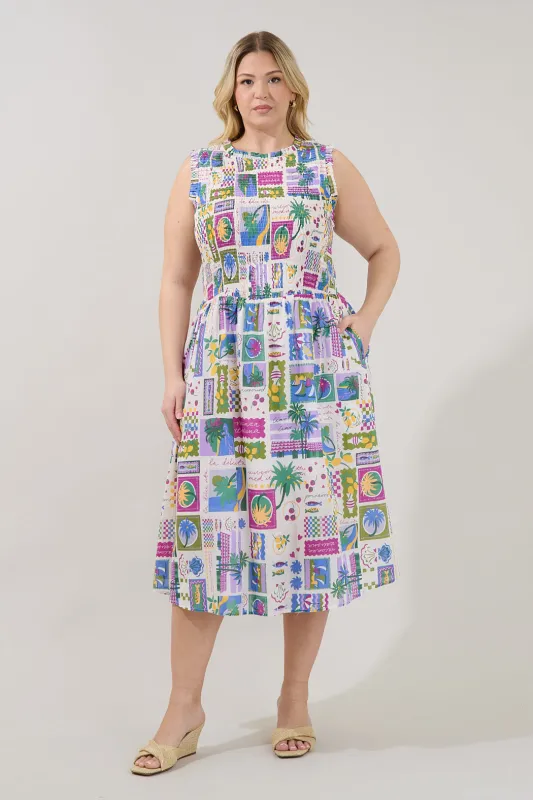 Caren Smocked Sleeveless Midi Dress Postcard Curve made by Sugarlips