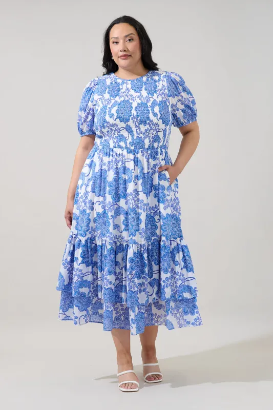 Aruba Smocked Midi Dress Floral Curve made by Sugarlips
