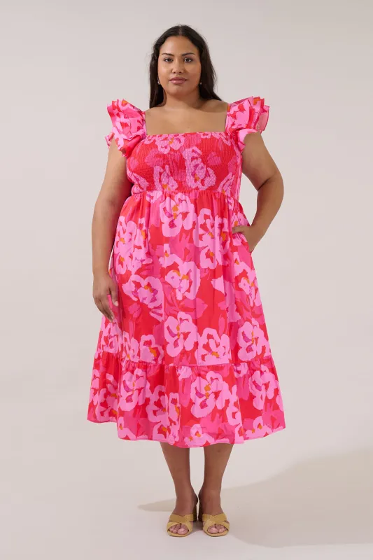 Girona Smocked Ruffle Midi Dress Floral Curve made by Sugarlips
