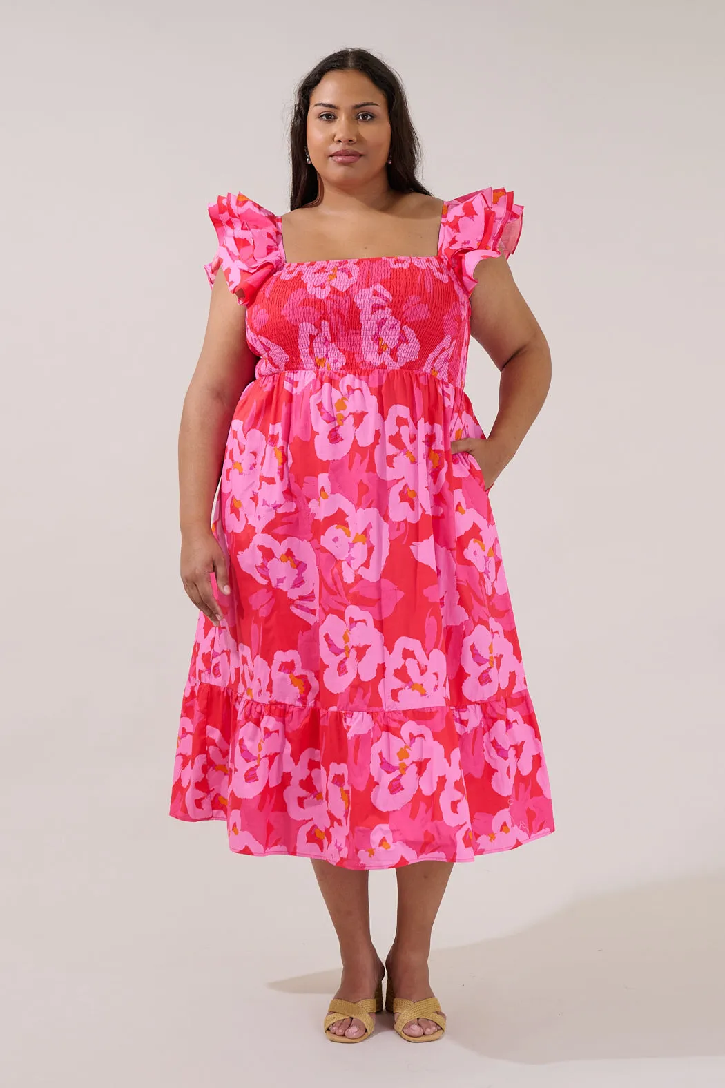 Girona Smocked Ruffle Midi Dress Floral Curve sold by Sugarlips