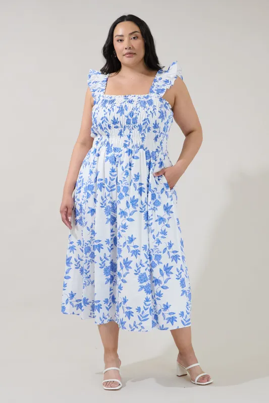 Heidi Smocked Midi Dress Bluebell Floral Curve made by Sugarlips