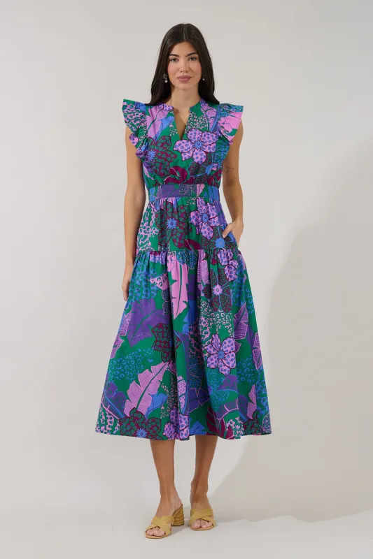 Virna Ruffle Midi Dress Tropical made by Sugarlips