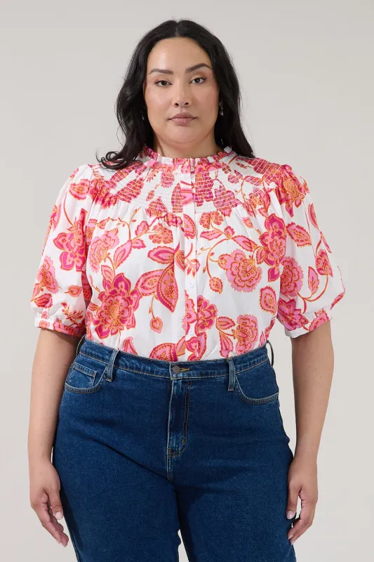 Blossom Smocked Mock Neck Top Arely Floral Curve made by Sugarlips