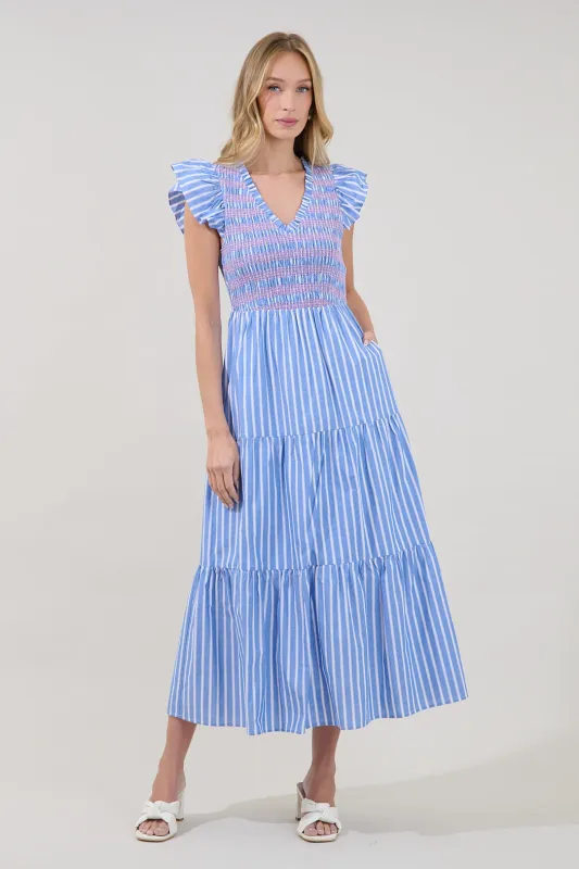 Sunfire Tiered Stitch Midi Dress Stripe made by Sugarlips