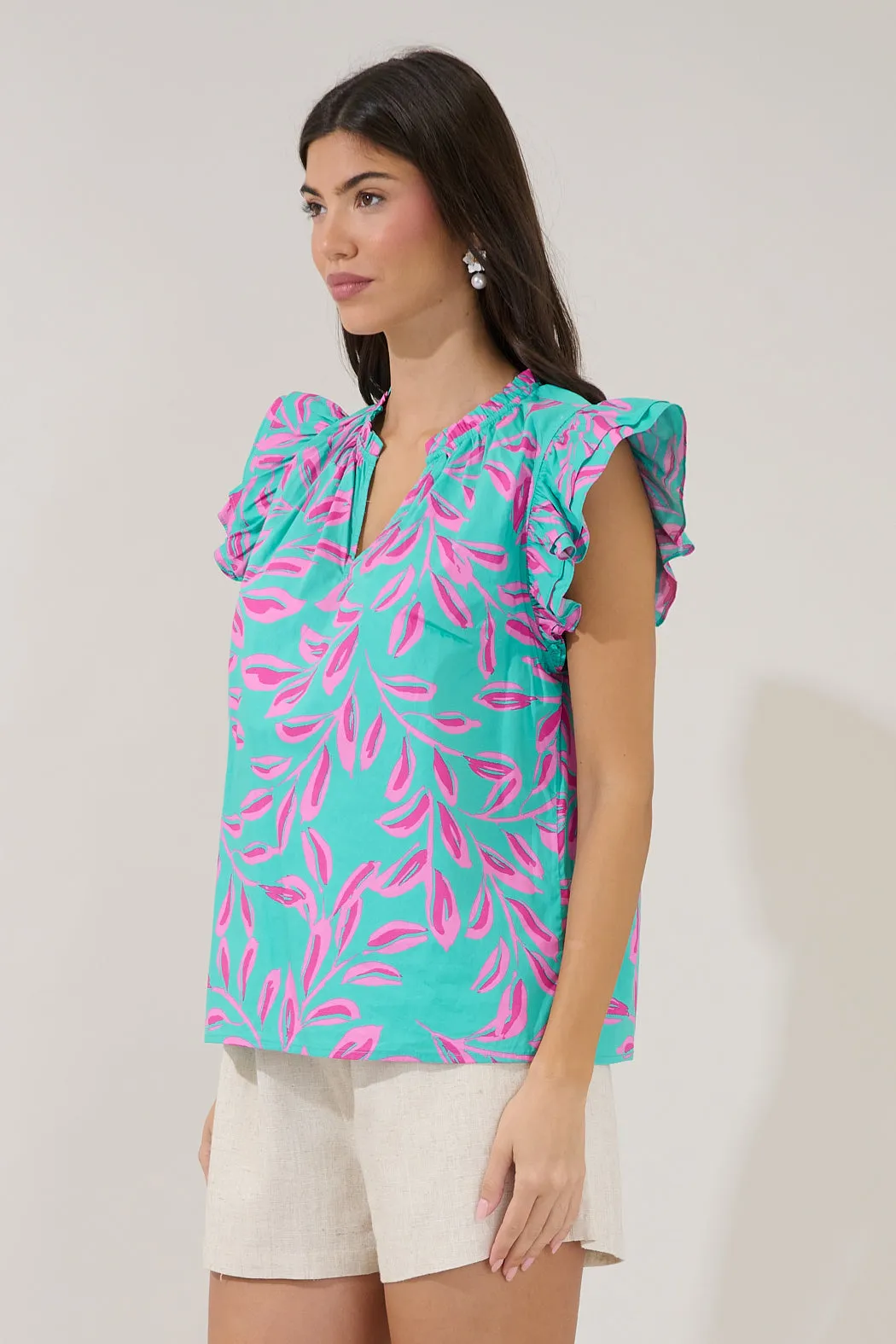 Risette Ruffle Split Neck Top Palmate sold by Sugarlips product image thumbnail 3
