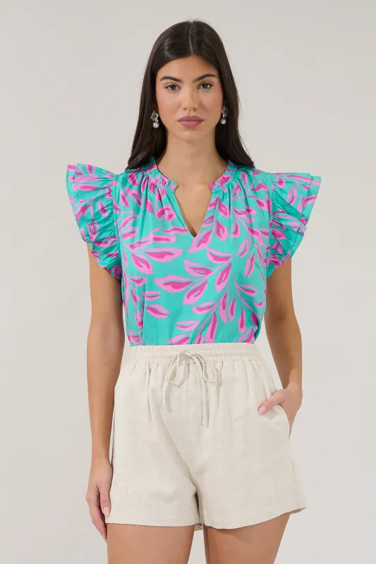 Risette Ruffle Split Neck Top Palmate made by Sugarlips