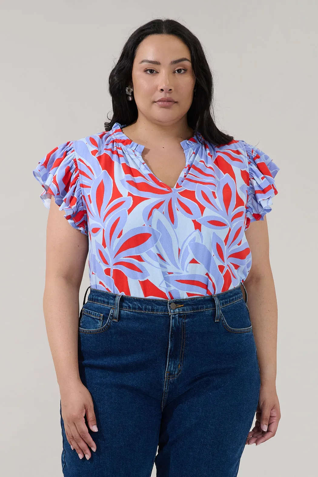 Risette Ruffle Split Neck Top Areca Curve sold by Sugarlips